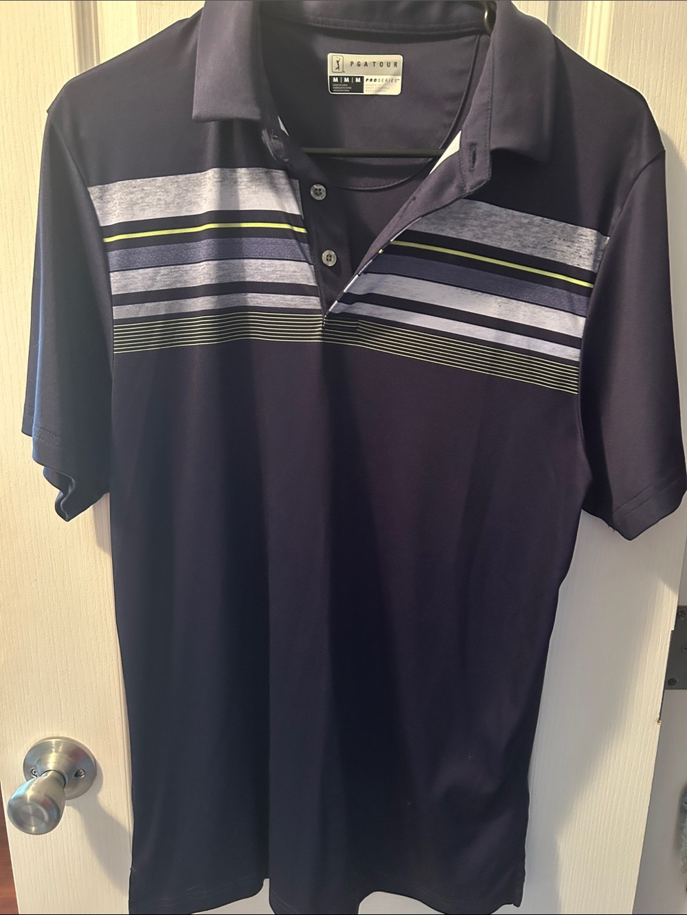 PGA Tour Men’s Navy Polo with Gray and Lime Stripe Chest